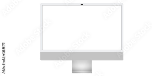 Slovakia, Bratislava, April 28, 2023, The concept of the new 24-inch iMac in gray with a dynamic island. Mockup of a candy bar computer in gray. m1, m2.Mockup of computer with a blank white screen
