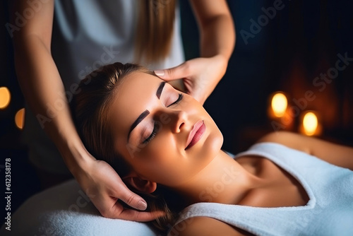 Elevating Serenity: Beautiful Woman Finds Tranquility in a Shoulder Massage. Generative AI