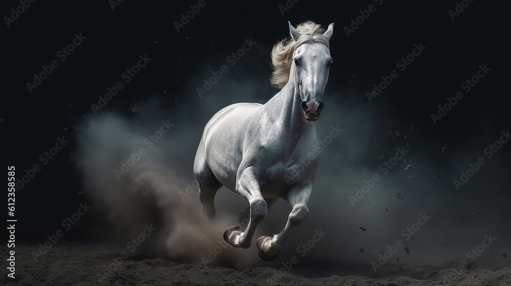 Fototapeta premium White horse run forward in dust on dark background. Generative Ai