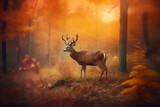 Nostalgic Wilderness: Vintage Deer in the Sunset Forest. Generative AI