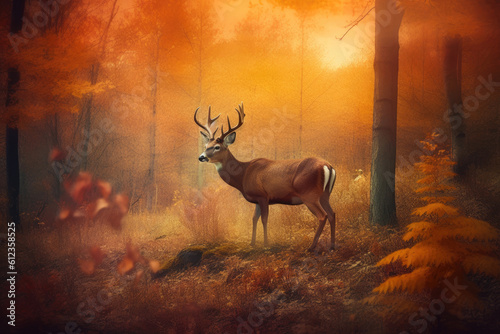 Nostalgic Wilderness: Vintage Deer in the Sunset Forest. Generative AI © Andrii 