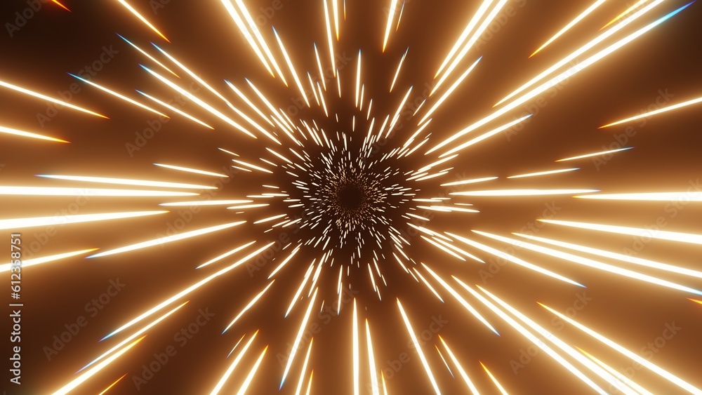 Obraz premium Abstract 3D background sci-fi light distortion. Lightspeed tunnel with yellow orange neon energy beams. Flying through universe wallpaper. 4K 3D computer graphics render