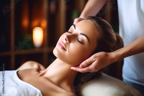 Tranquil Delight: Graceful Woman Experiences Blissful Massage. Generative AI