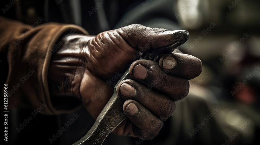 Hands of car mechanic with wrench in garage. Generative Ai