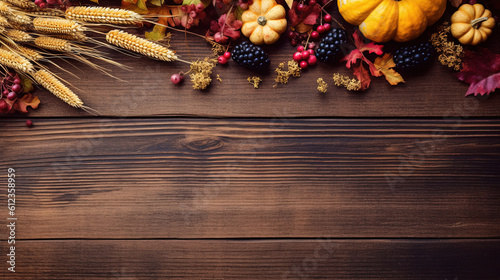 Thanksgiving background with autumn dried flowers, pumpkins and fall leaves on the old wooden background. Thanksgiving background with seasonal berries and fruits