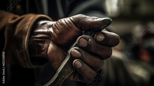 Hands of car mechanic with wrench in garage. Generative Ai © Putra