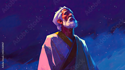 Colorful painting art portrait of Abraham standing outside on the steppes and looking up at the sky to count the stars. photo