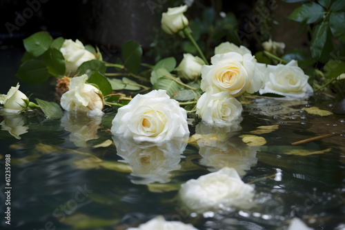 White roses floating in water near vegetation