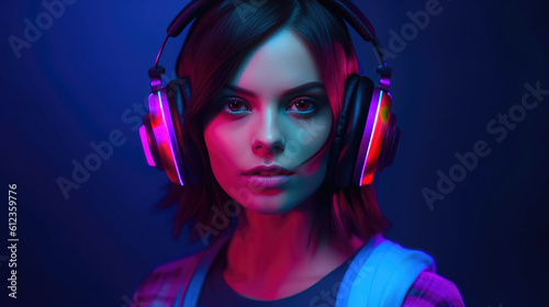Vibrant Neon Lights Enhance Emotions in Headphones Ad. Generative AI
