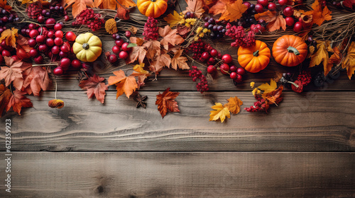 Thanksgiving background with autumn dried flowers  pumpkins and fall leaves on the old wooden background. Thanksgiving background with seasonal berries and fruits