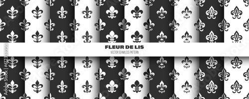 Vector Seamless Pattern with Vintage 3d Realistic White and Black Fleur De Lis. Heraldic Lily Texture, Retro Pattern for Wallpaper, Textile. Vector Illustration