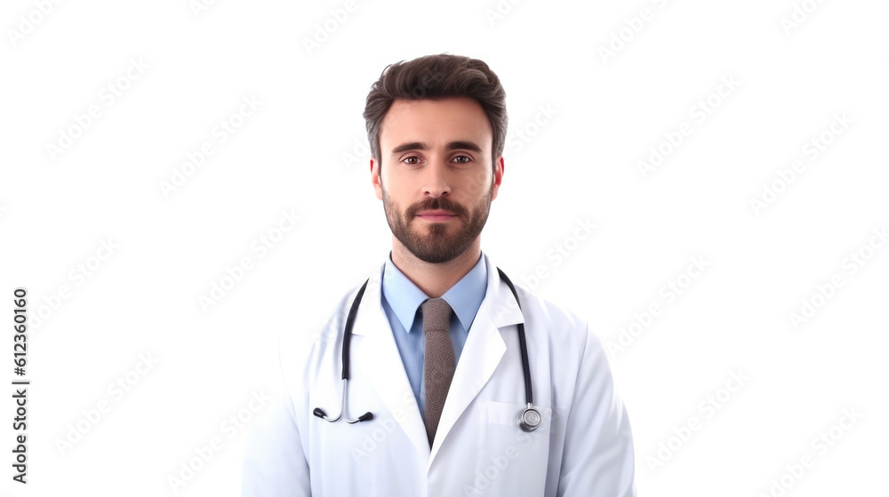 Focused Caucasian Physician on White Background. Generative AI Focused Caucasian Physician on White Background. Generative AI
