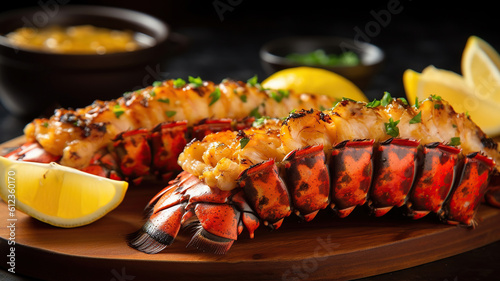 Traditional barbecue spiny lobster tail sliced and offered with saffron lemon sauce. Generative Ai