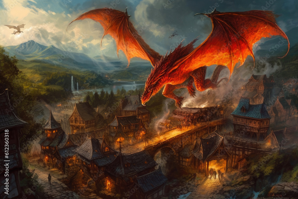 Fototapeta premium Flying dragon with a burning village below. Generative AI