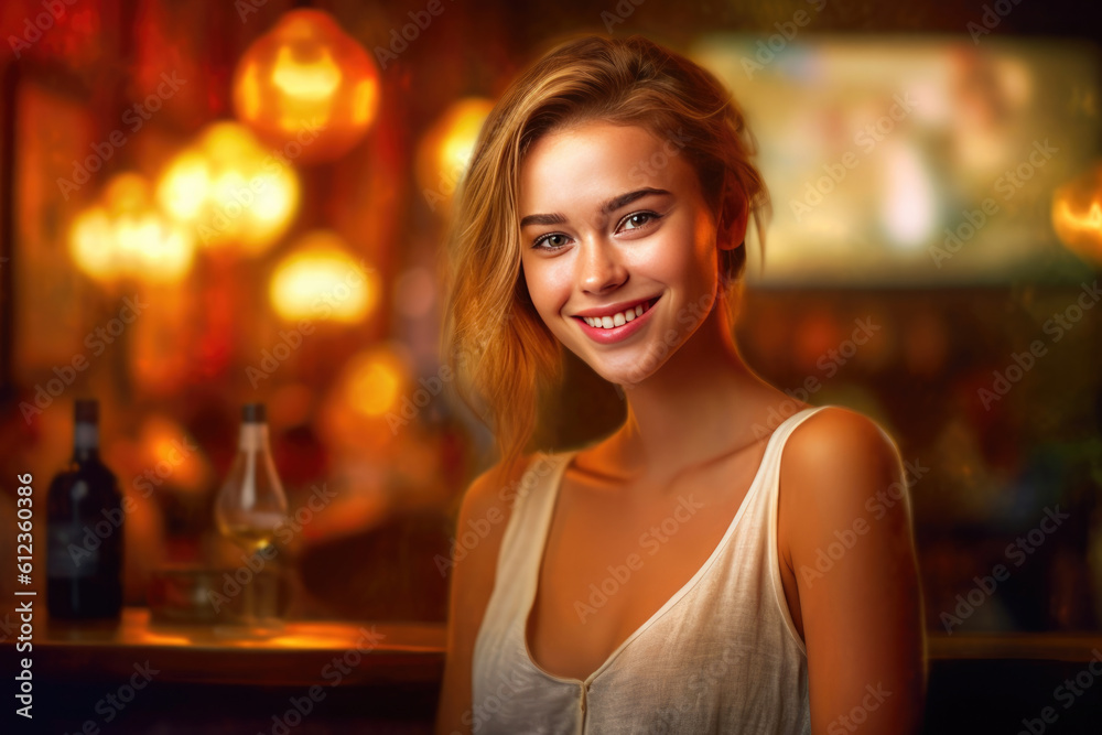 Radiant Beauty: Captivating Young Woman in a Wine Lounge. Generative AI