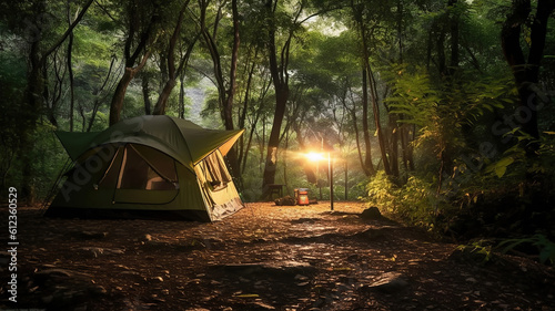 tourist tent in forest camp. Generative Ai