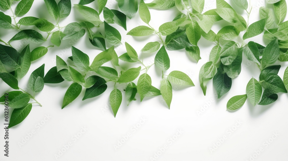 Top view of beautiful green leaves pattern isolated on white, wedding invitation floral concept