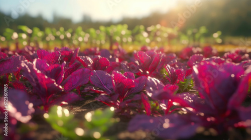 Vibrant Red Cabbage Field in Golden Light. Generative AI © Andrii 