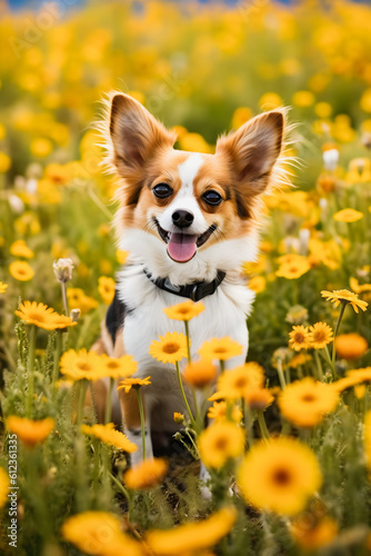 Floral Bliss: Cute Chihuahua Enjoying a Field of Vibrant Flowers