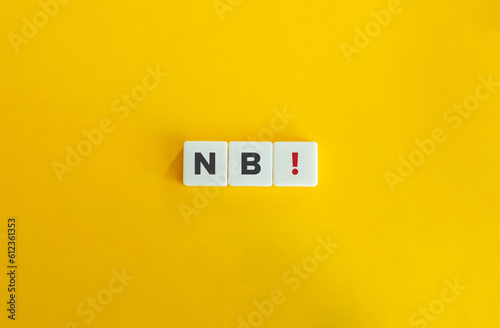 NB! Nota Bene Banner. Letter Tiles on Yellow Background. Minimal Aesthetic.