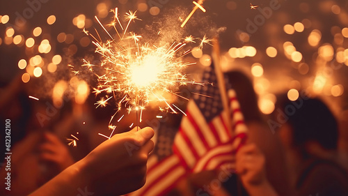 Usa Celebration With Hands Holding Sparklers And American Flag At Sunset With Fireworks. Generative Ai