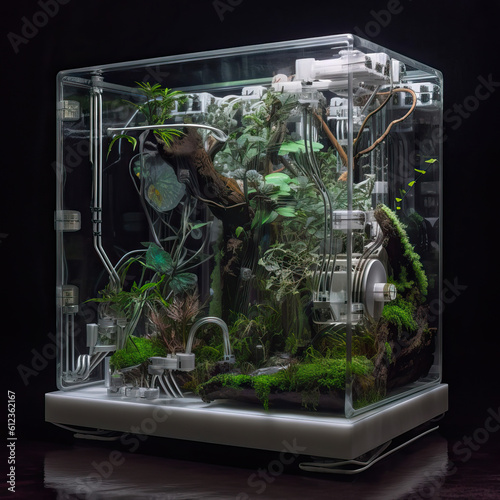 Transparent glass container containing plant ecology,futurism solarpunk Bionic mechanical Encapsulated environ