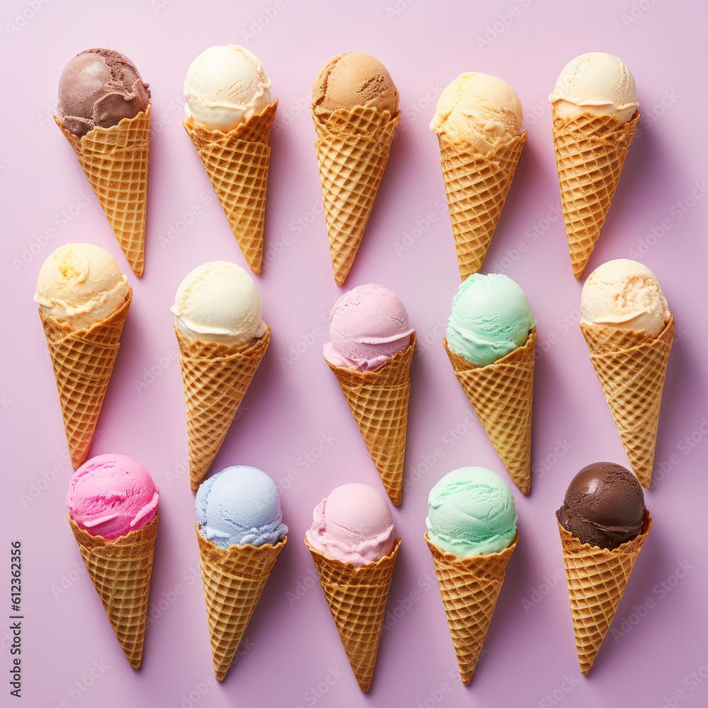 overhead flat lay of a row of summer ice cream cones. Generative ai overhead flat lay of a row of summer ice cream cones. Generative ai