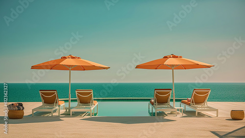a luxury gulf coast resort with lounge chairs. Generative Ai © Putra