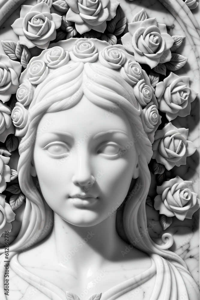Marble bust of a woman with roses around her neck and a marble frame