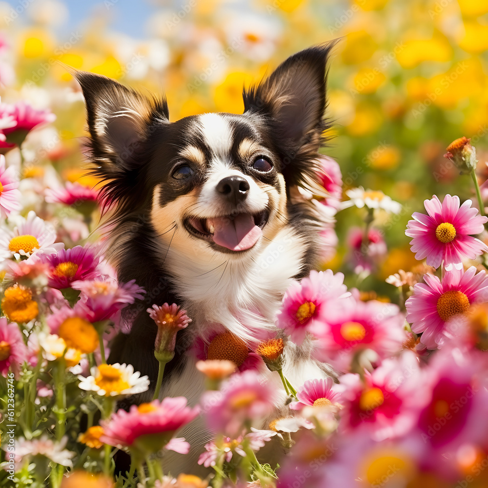 Chihuahua Surrounded by Flowers: Adorable Pet in a Colorful Field Chihuahua Surrounded by Flowers: Adorable Pet in a Colorful Field