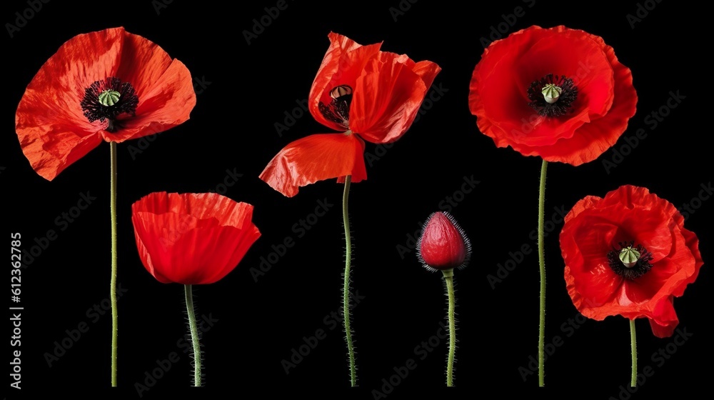 Obraz premium collection of beautiful red poppy flowers and twigs, isolated, flat lay, ai generated