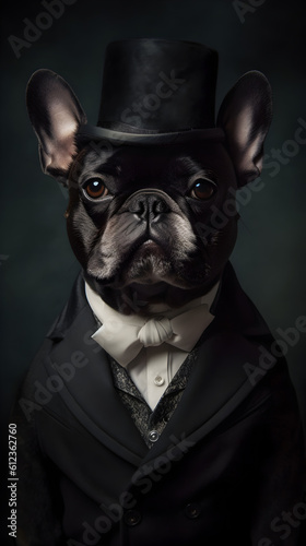 French Bulldog embodies elegance and refinement, dressed in dapper old money style clothes, exuding timeless sophistication and aristocratic flair. Generative AI. © Deniss