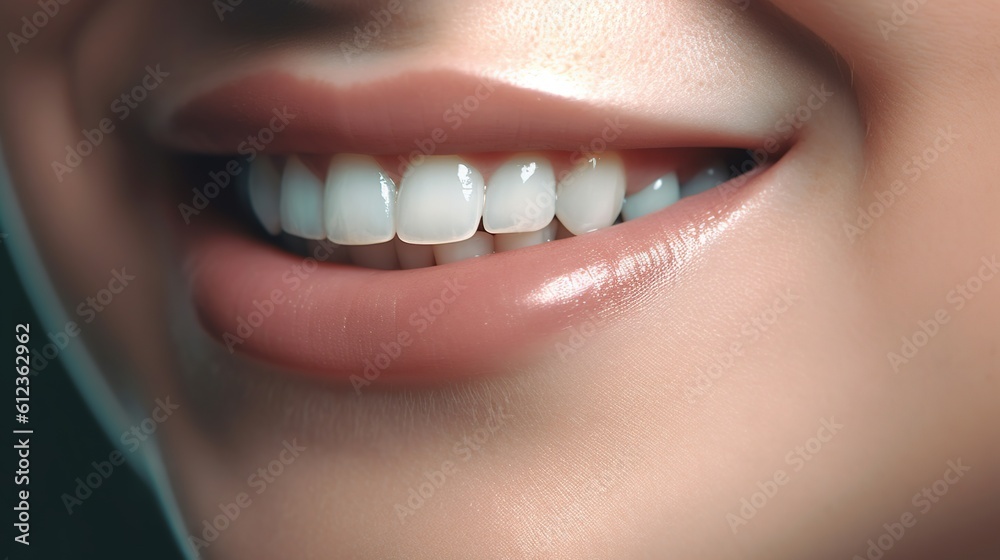 Naklejka premium close up crop half face woman, dental smile white teeth