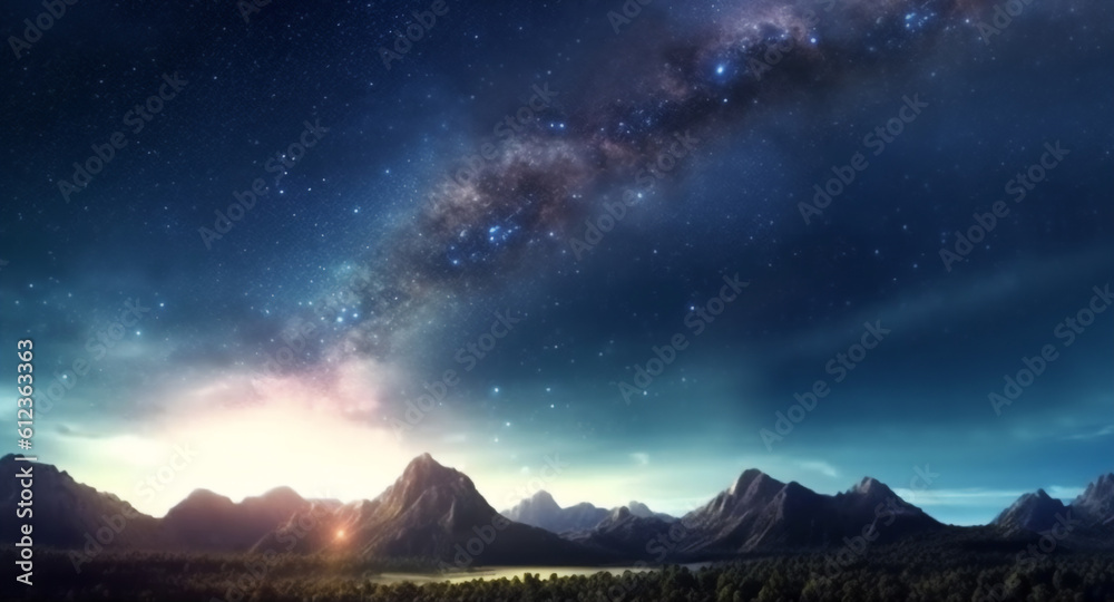 Panorama view universe space shot of milky way galaxy with stars on a night sky background.Generative AI
