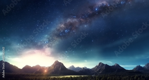 Panorama view universe space shot of milky way galaxy with stars on a night sky background.Generative AI © Anchalee