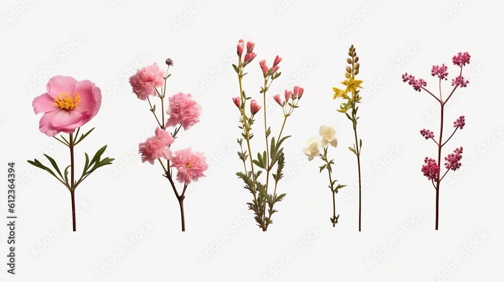 ollection of beautiful wax flowers, twigs and buds, isolated, flat lay, ai generated