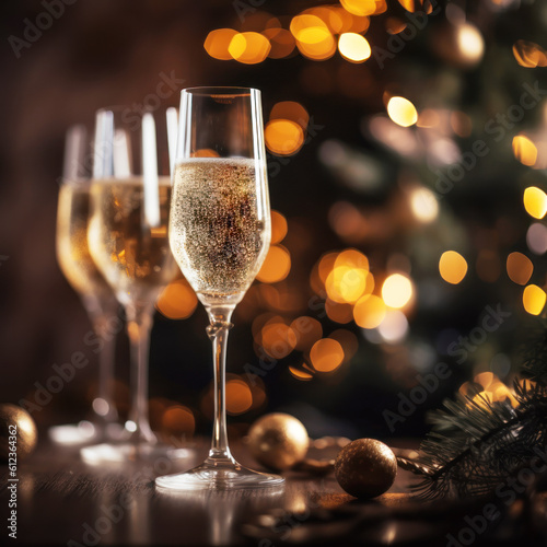 Glass of champagne on the bokeh Christmas background. Generative AI