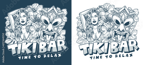 Exotic tiki bar poster monochrome