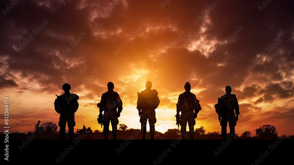 military silhouettes on sunset sky background. Generative Ai