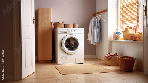 Washing machine with laundry and basket near wall. Generative Ai