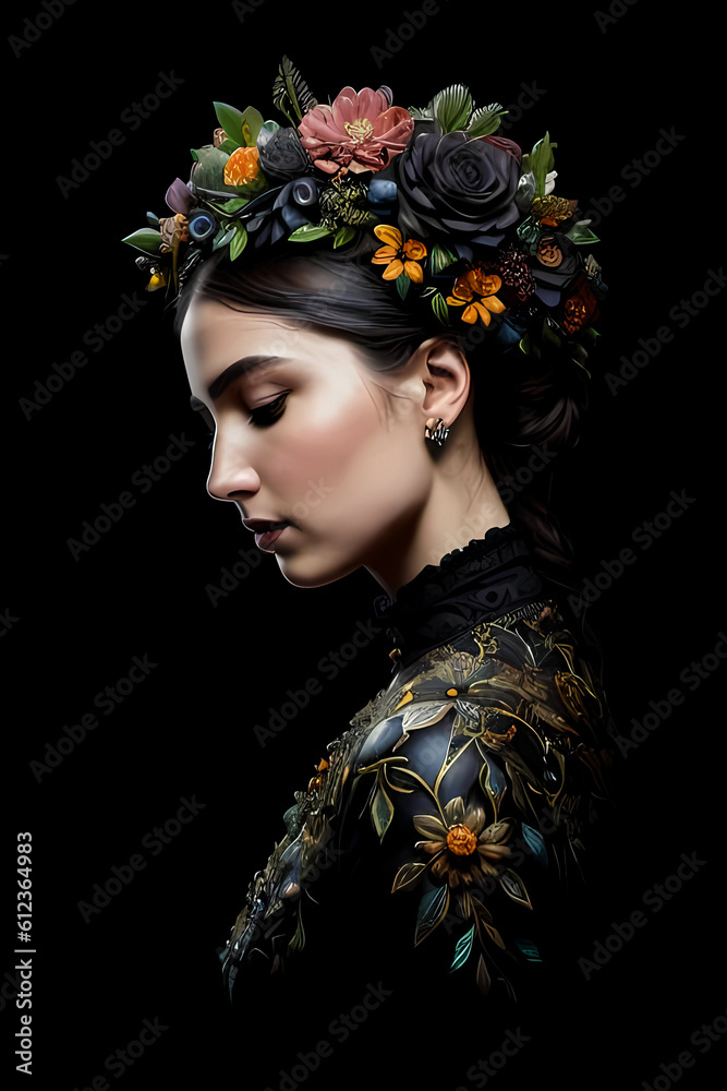 Naklejka premium Girl with flowers in her hair, abstract painted art, fashion . Generative ai