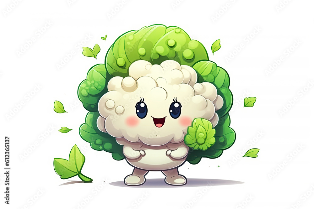 Cauliflower. Illustration with funny cartoon character. Generative AI illustration. Food with a cute face.