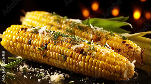 Grilled corn on the cob with herb butter and Parmesan. Generative Ai