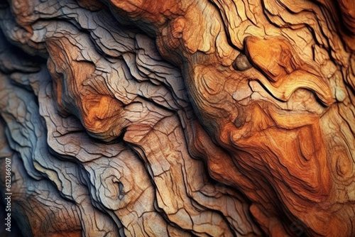 The intricate patterns and textures of a tree bark, showcasing its unique grooves, cracks, and knots. Generative AI technology.