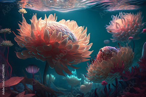 Fantasy Beautiful Underwater Flower, plant and leaves floral background © MochSjamsul
