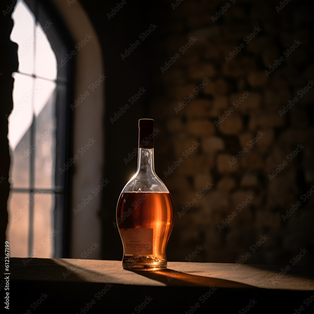 Aged golden fortified wine in the bottle on background of cellar of winery. AI generated.