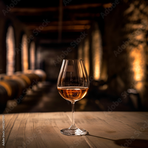Aged golden fortified wine in the wine glass on background of wooden barrels in cellar of winery. AI generated.