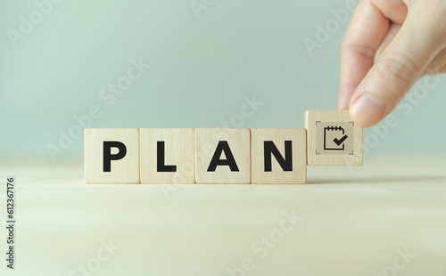 Effective time planning and management concept. Business or project or task planning. Daily plan. PLAN text and timeline management icon on wooden cube blocks on clear background and copy space.