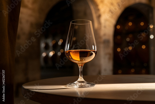 Aged golden fortified wine in the wine glass on background of wooden barrels in cellar of winery. AI generated. photo