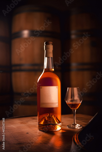 Aged golden fortified wine in the bottle and glass on background of wooden barrels in cellar of winery. AI generated.
